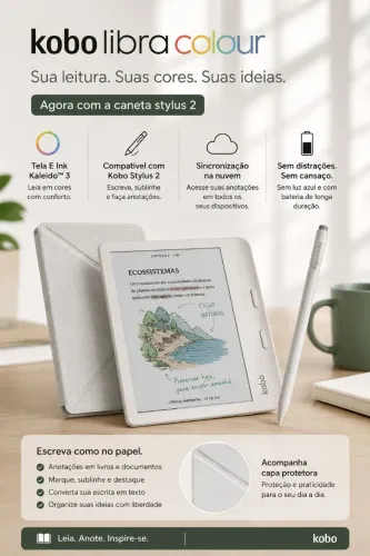 Ereader Kobo Libra Colour + Caneta Kobo Stylus 2+Capa Branca. 