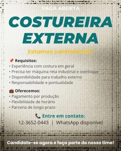 Vaga para costureira externa profissional