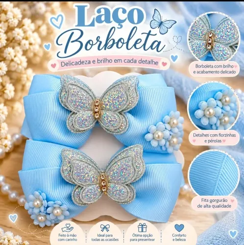 Par de Laços Infantis Azul-Bebê com Borboletas e Glitter