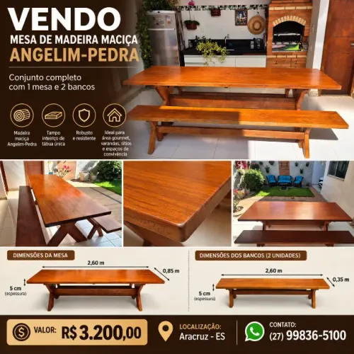 Mesa de angelim pedra com bancos