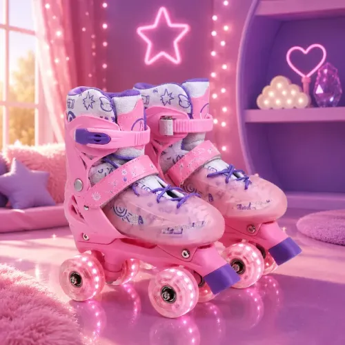 Patins Infantil 4 Rodas Feminina Rosa Luz LED-33-36