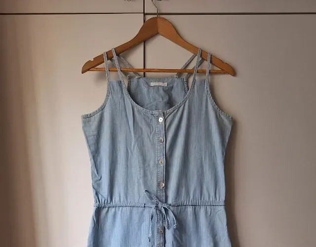 Vestido jeans reto, leve e longo, Marfinno, M