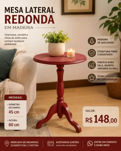 MESA LATERAL REDONDA EM MADEIRA