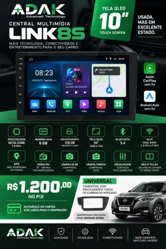 Central Multimidia universal Adak link 8S "10" 6gb Ram 128gb memória