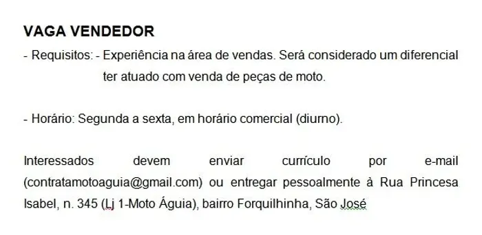 Vendedor - Loja de peças de moto