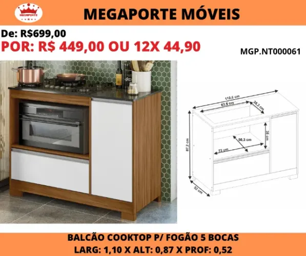 Balcão Cooktop 1Porta 1Gaveta P/Fogão 5 Bocas