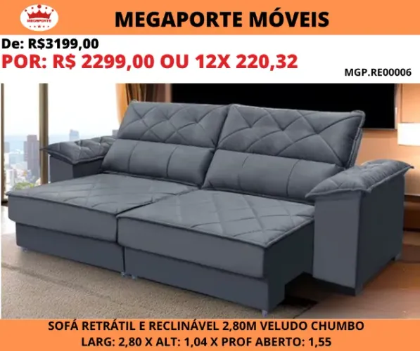 SOFÁ RETRÁTIL E RECLINÁVEL 2,80 CINZA VELUDO