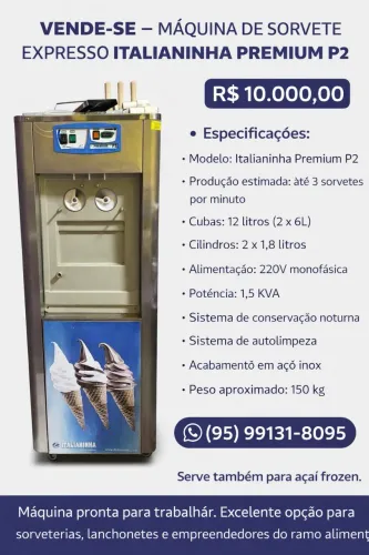 MÁQUINA DE SORVETE EXPRESSO ITALIANINHA PREMIUM P2