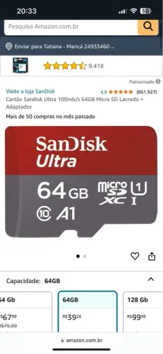 Cartão de memória MICROSD 64bg SanDisk