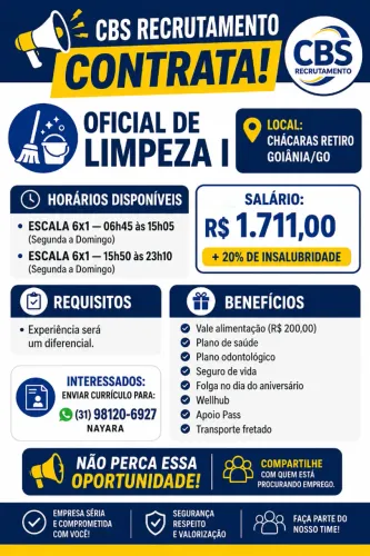 OFICIAL DE LIMPEZA I - Chácaras Retiro, Goiânia - GO
