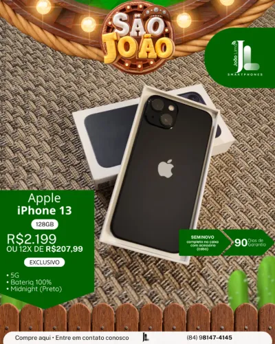 IPHONE 13, 5G, 128GB, PRETO, BAT 100%, SEMINOVO, EXCLUSIVO!