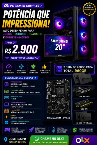 ? PC GAMER COMPLETO + MONITOR SAMSUNG 20" ? RYZEN 5 + GTX 1660