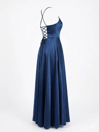 Vestido de Festa Longo Azul Marinho em Cetim - Elegante e Sofisticado