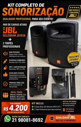 Par de Caixas Ativas JBL Selenium JS151A + 2 Tripés Profissionais - Excelente Estado