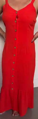 Vestido laranja longo, tecido de alfaiataria leve