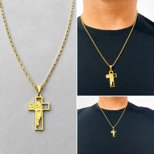Colar cadeado com pingente Cruz e face de Cristo 