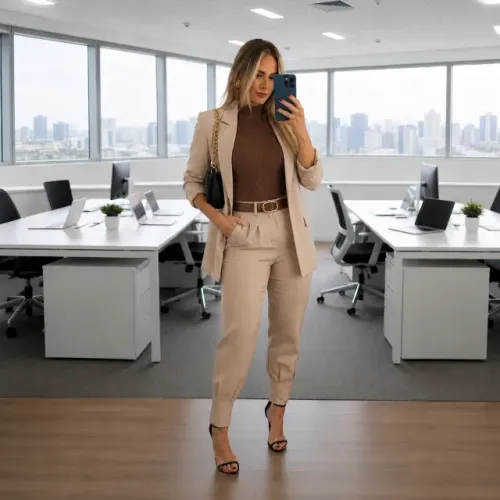 Conjunto Feminino Alfaiataria 3 Peças Blazer, Calça Cintura Alta e Regata Canelada