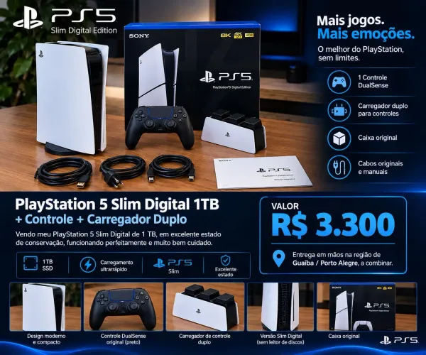 PS5 Slim Digital 1TB + Controle + Carregador Duplo