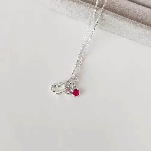 Colar entremeio pingente coração e zircônia rosa e cereja prata 925 