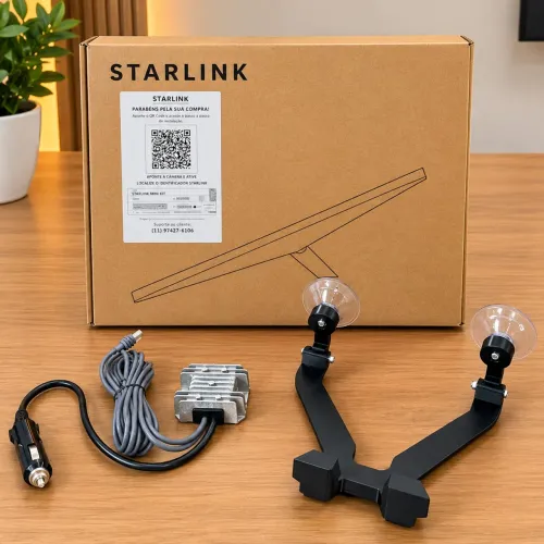 Starlink Mini + cabo veicular com estabilizador + suporte de painel