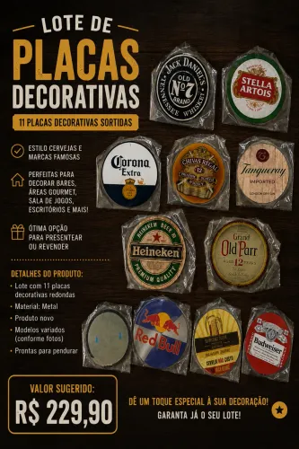 Lote com 11 Placas Decorativas de Cerveja e Whisky -