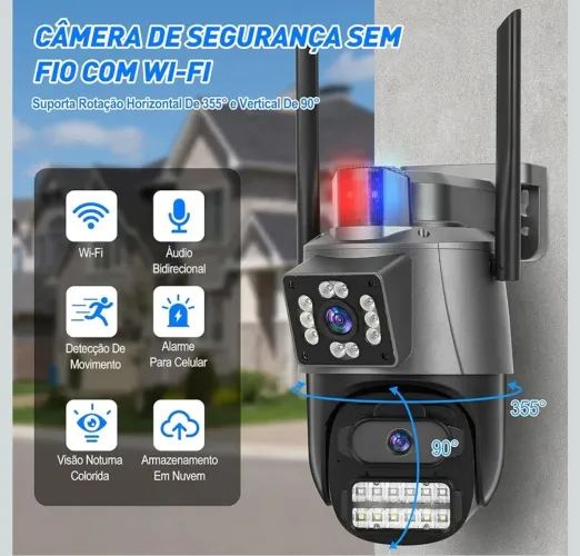 Câmera de segurança wi-fi 2 lentes com alarme