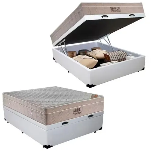 CAMA BAÚ CORINO BRANCO ALTO NÍVEL + COLCHÃO AIRTECH SPRING POCKET ORTOBOM