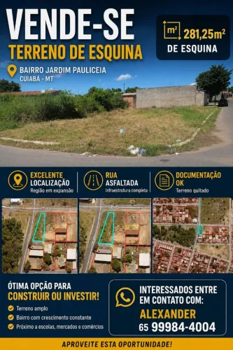 Vendo terreno no bairro Jd Pauliceia (Cuiabá). Quitado e pronto para escriturar.