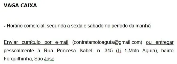 Vaga de Caixa - loja de peças