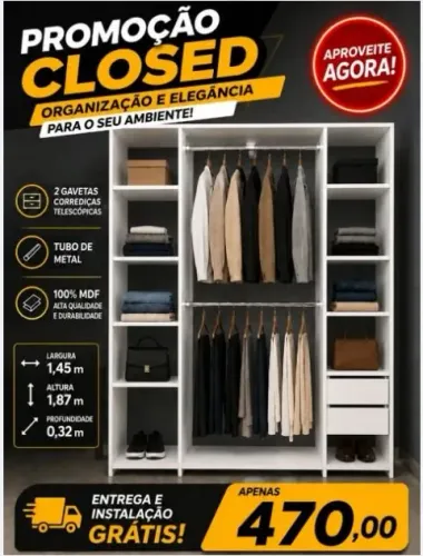 OFERTA IMPERDÍVEL CLOSETS CM GAVETAS CABIDEIROS MDF NOVO