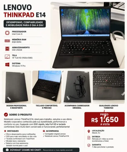 Notebook Lenovo ThinkPad E14 i5 11° Geração 8GB SSD 256GB Full HD