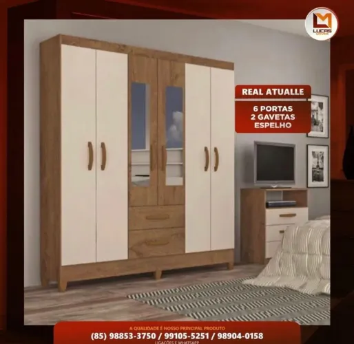 Guarda Roupa Real Atualle com espelho, 6 Portas e 2 Gavetas - Entrega Imediata!