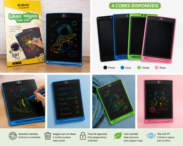 Kit 10 Unidades Lousa Mágica LCD 10? Colorida Infantil para Desenhar e Escrever