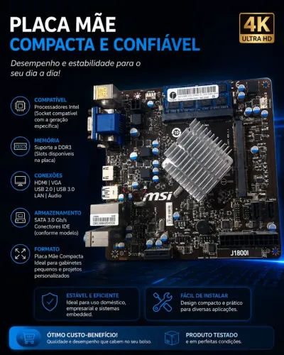MSI J1800I Mini-ITX + 4GB DDR3 | HDMI/VGA | Funcionando
