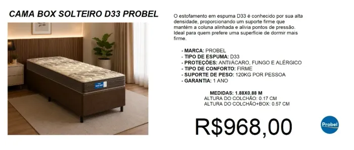 Cama box com colchão solteiro espuma d33 probel - frete grátis