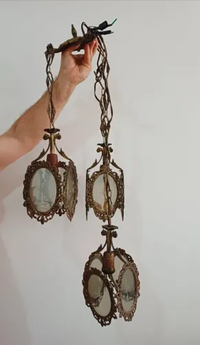 Antigo Lustre Triplo, Bronze + Arandela Parede Vidro Lapidado Estilo Colonial Anos 60