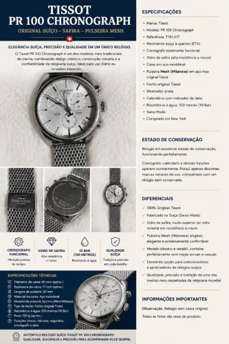 Relógio Tissot PR 100 Chronograph Original Suíço - Safira - Pulseira Mesh