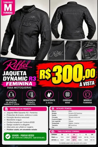 JAQUETA FEMININA RIFFEL DYNAMIC R3 - R$ 300,00