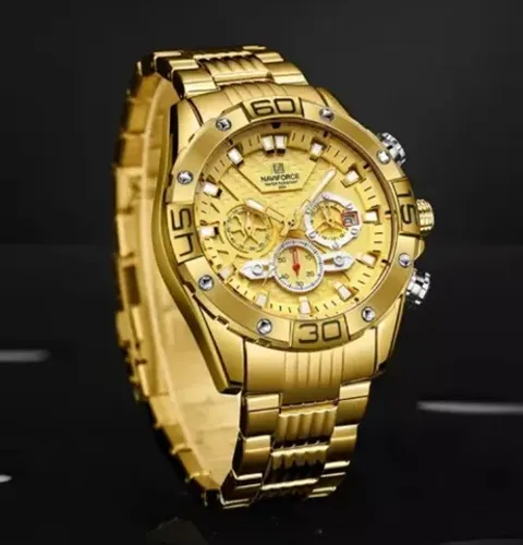 Relógio Masculino Dourado Com Data e Cronógrafo