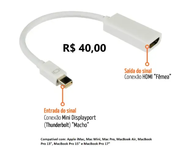 Adaptador mini displayport para hdmi (imac, macbook, mac mini) R$ 40,00