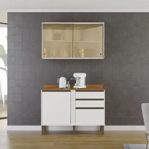 Aéreo Porta Correr Reflecta Valência + Balcão Cozinha Pérola Branco Até 12x