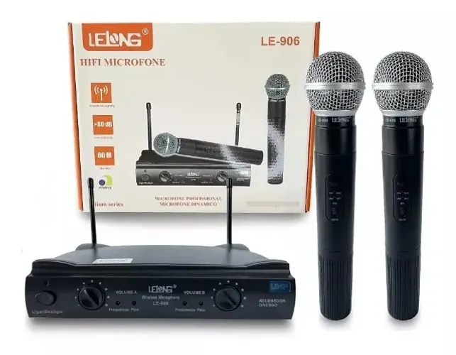 Microfone Duplo Sem Fio UHF Wireless Profissional Le 906 - Lelong - Ideal para Karaoke