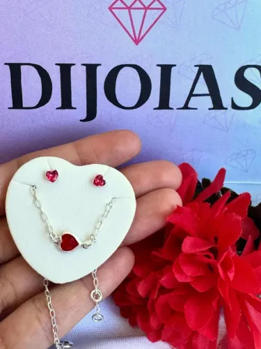 Conjunto PRATA 925 Presente dios Namorados Pulseira Brincos