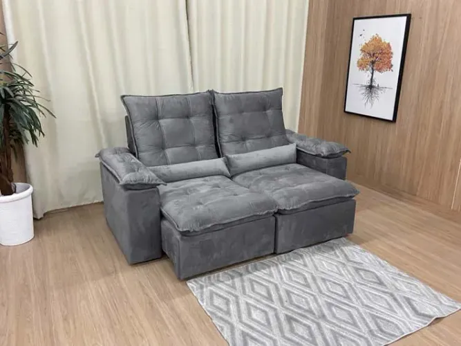 Sofá Retrátil 2 Lugares 200cm Veludo Cinza