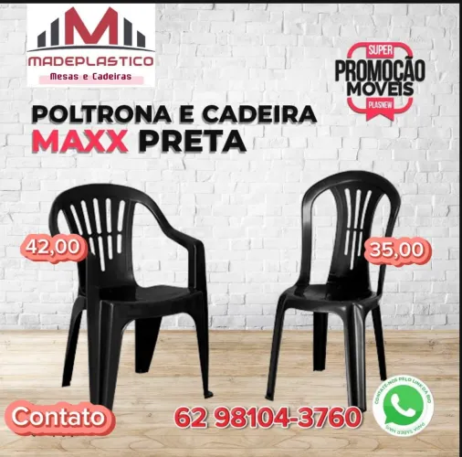 Poltrona e Cadeira plástica cor preta com borrachas nós pés antiderrapante 