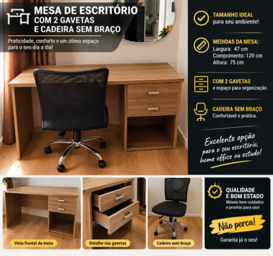 Mesa de Escritório com 2 gavetas e cadeira sem braço. Pode retirar.