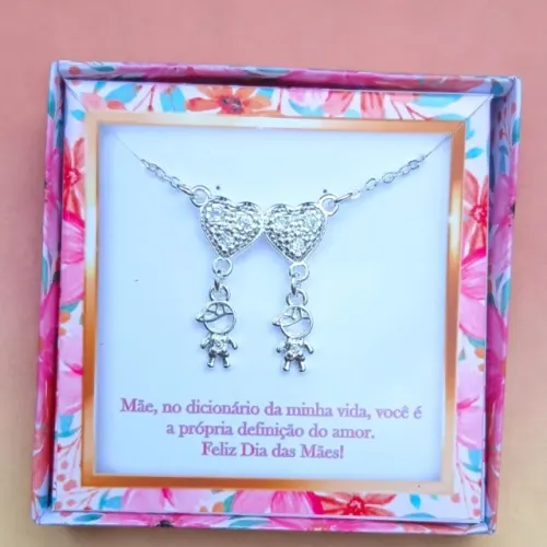 Colar 2 Filhos Pingente com Corações Banhado na Prata | Presente Dia das Mães