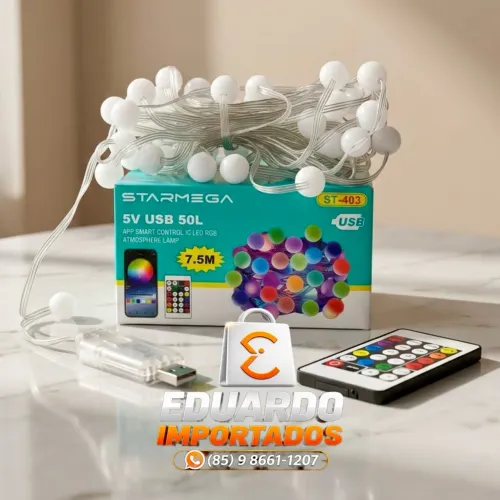 Fio de Luz LED RGB 7.5m 50L com Controle e App USB , a Prova d'água