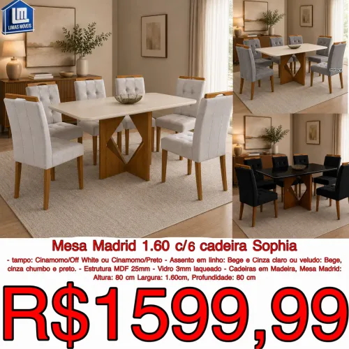 MESA MADRI 1.60 C/ 6 CADEIRAS SOPHIA