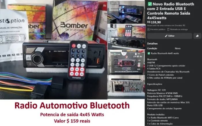 Radio Bluetooth com 2 Entrada USB E Controle Remoto Saida 4x45watts